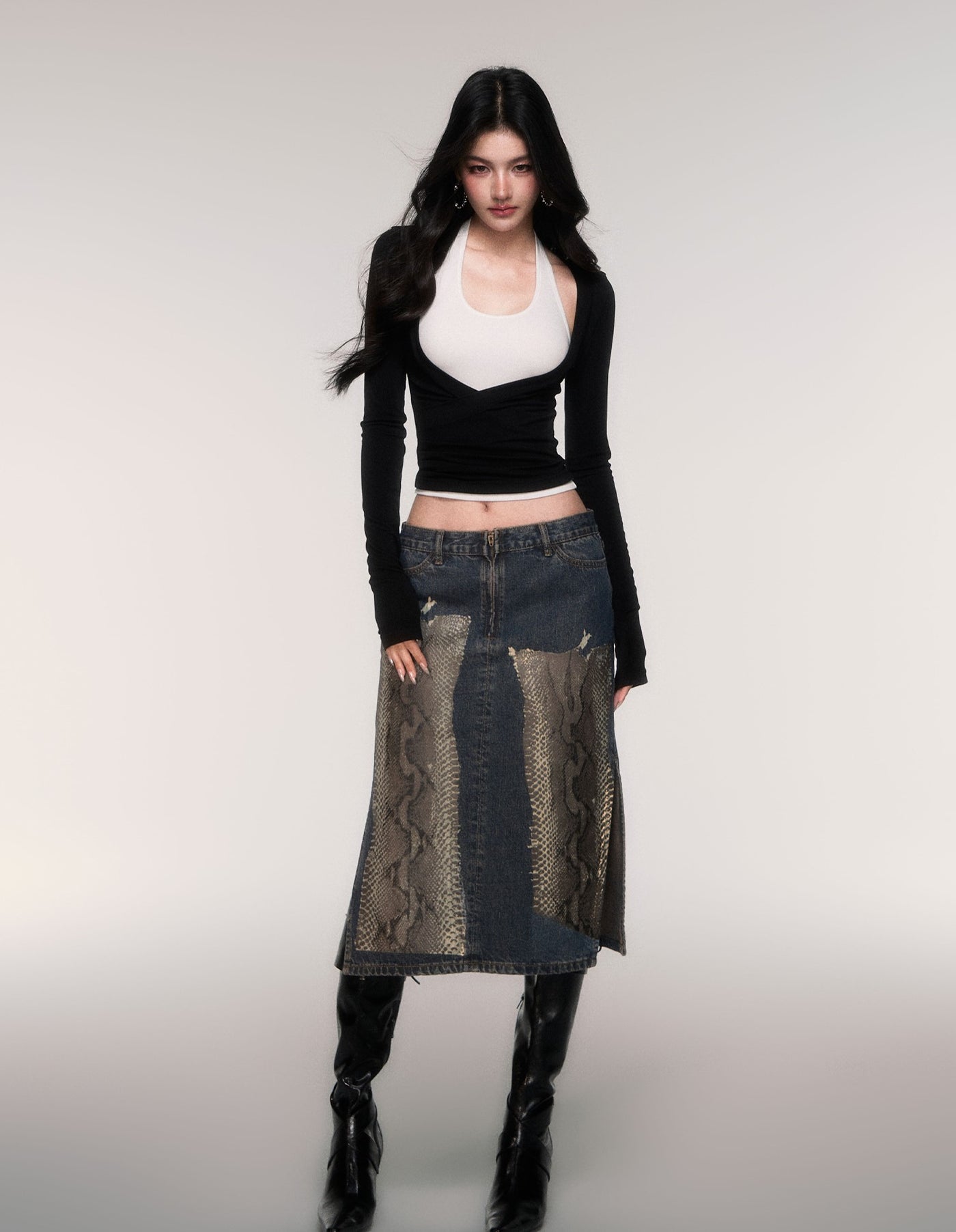 Python Print Straight-Line Denim Skirt LUL0209