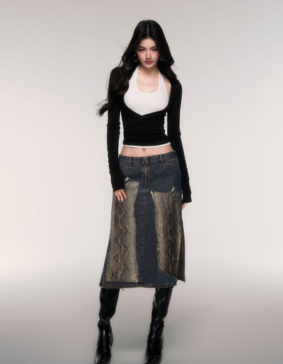 Python Print Straight-Line Denim Skirt LUL0209