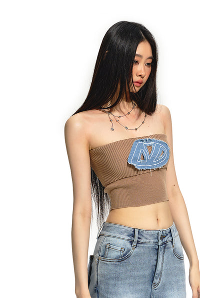 Tight Brushed Silver Denim Embroidered Knit Short Tube Top NOT0193