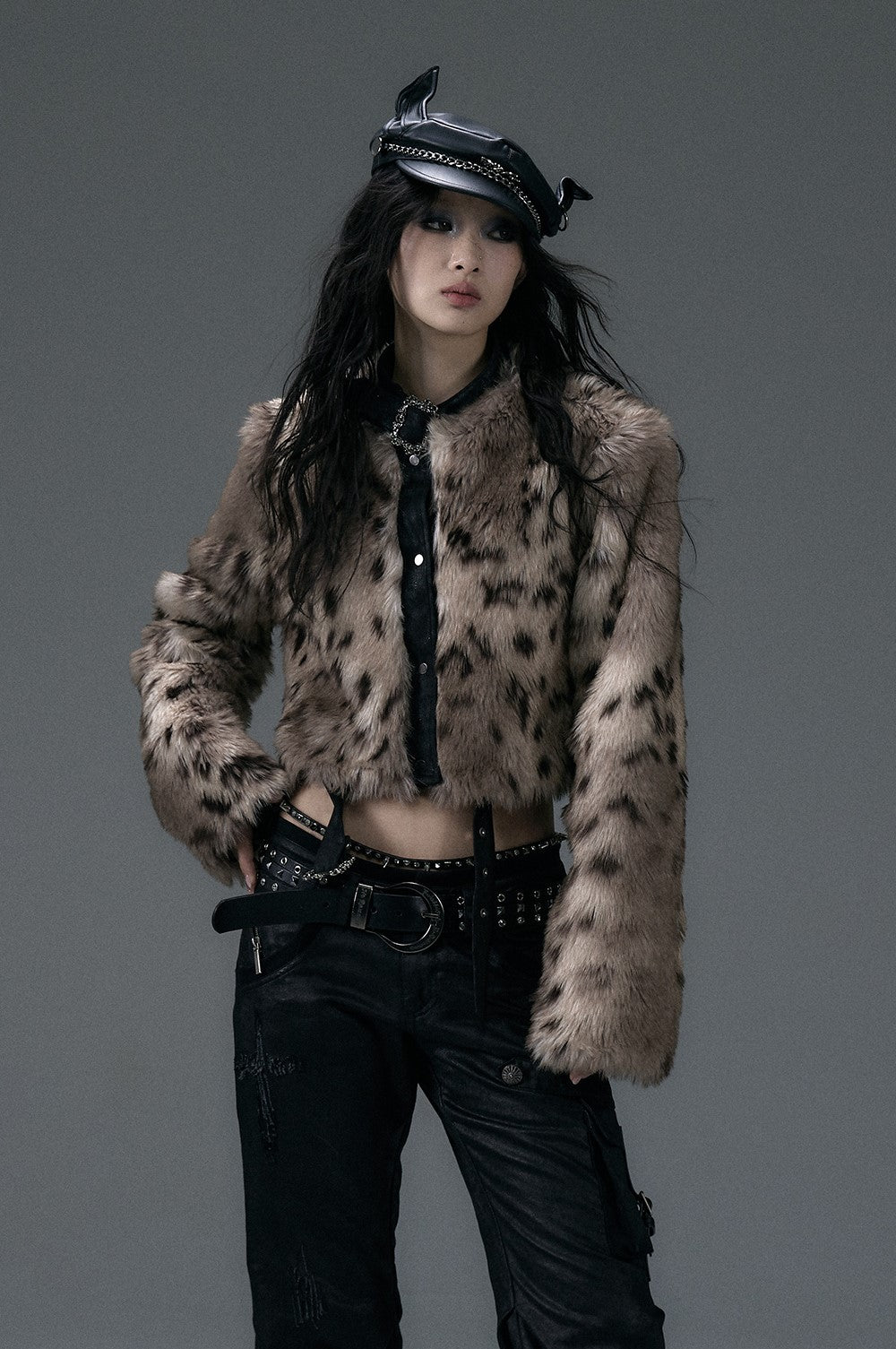 Dark Punk Leopard Print Two-sided Suede Short Jacket NOR0133