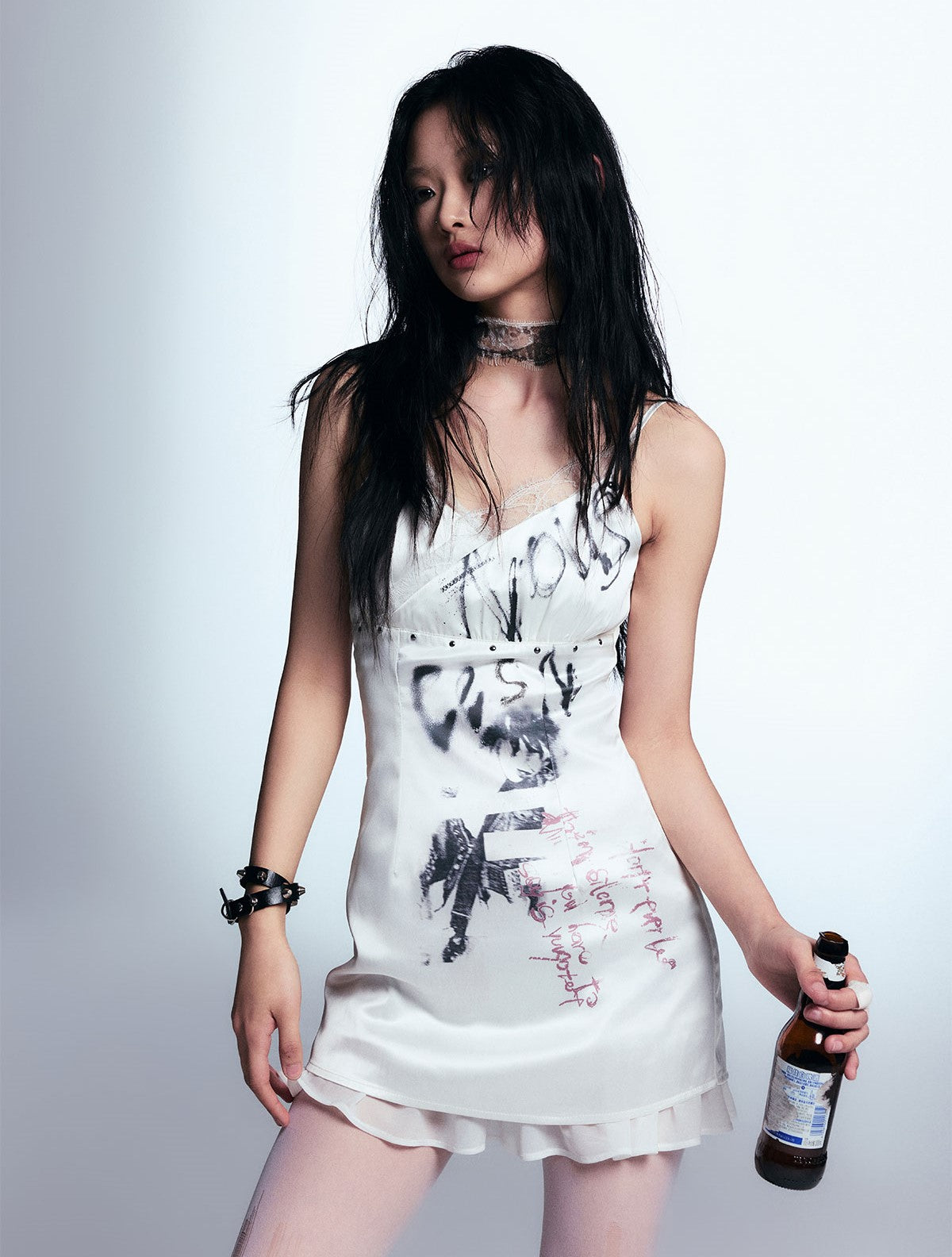Graffiti Print Satin Suspender Lace Patchwork Dress CES0058