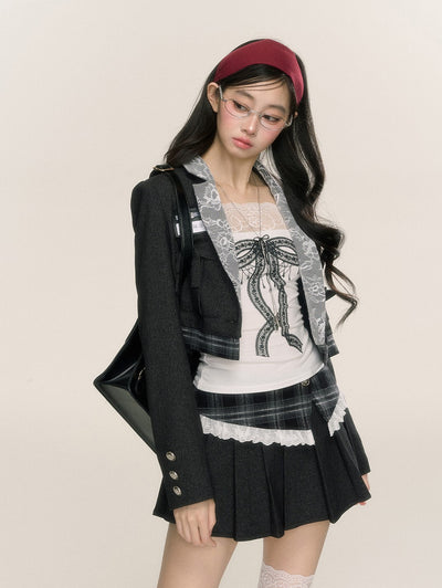 Long-sleeved Short Suit Plaid Jacket/Pleated Skirt DIA0235