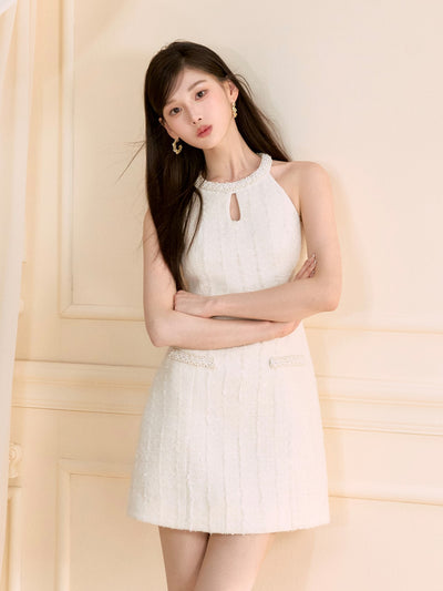White Halter Neck Beaded Dress OSH0134