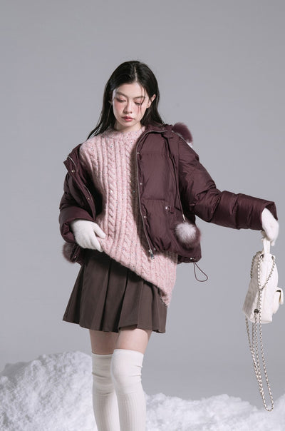 Burgundy Red Fur Ball Short Down Jacket COT0190