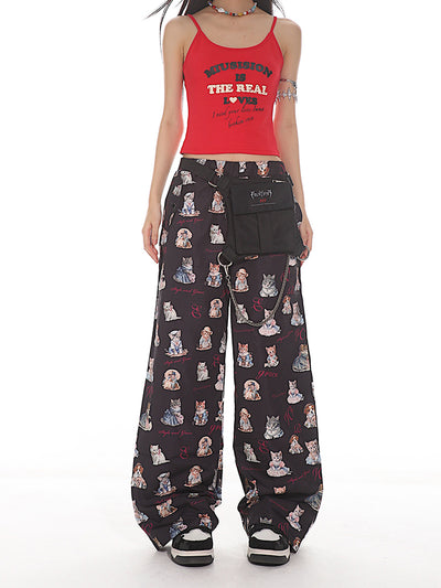 Cat Letter Floral Loose Straight Casual Pants UNC0125