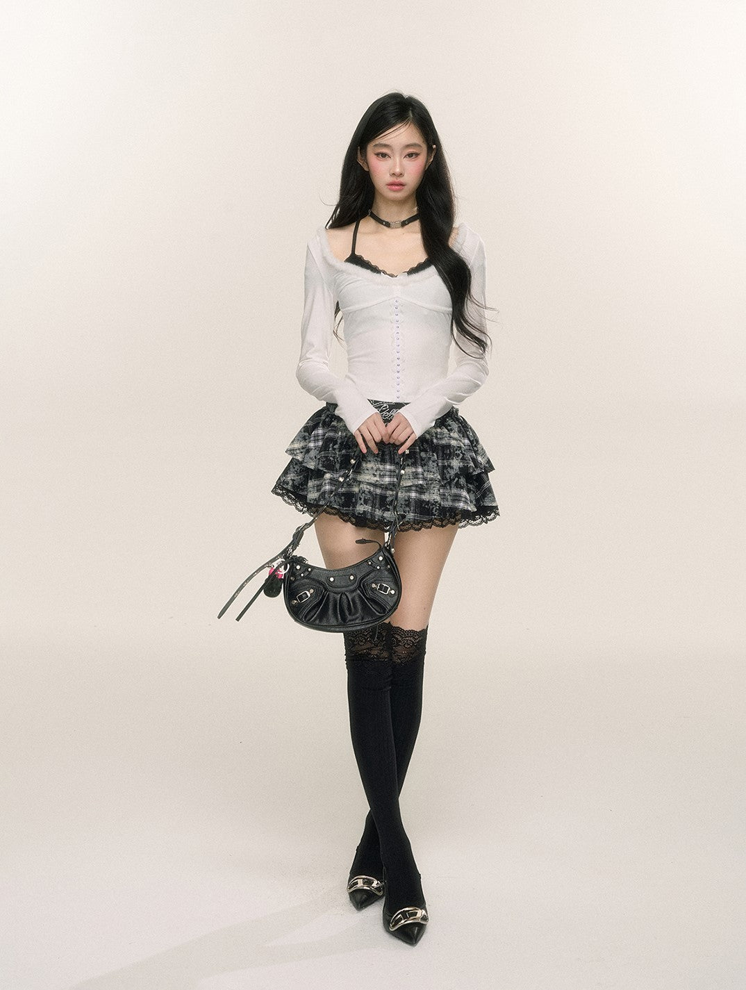 Lace Plaid A-line Slim Cake Short Skirt DIA0224