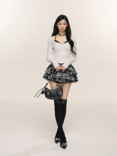 Lace Plaid A-line Slim Cake Short Skirt DIA0224