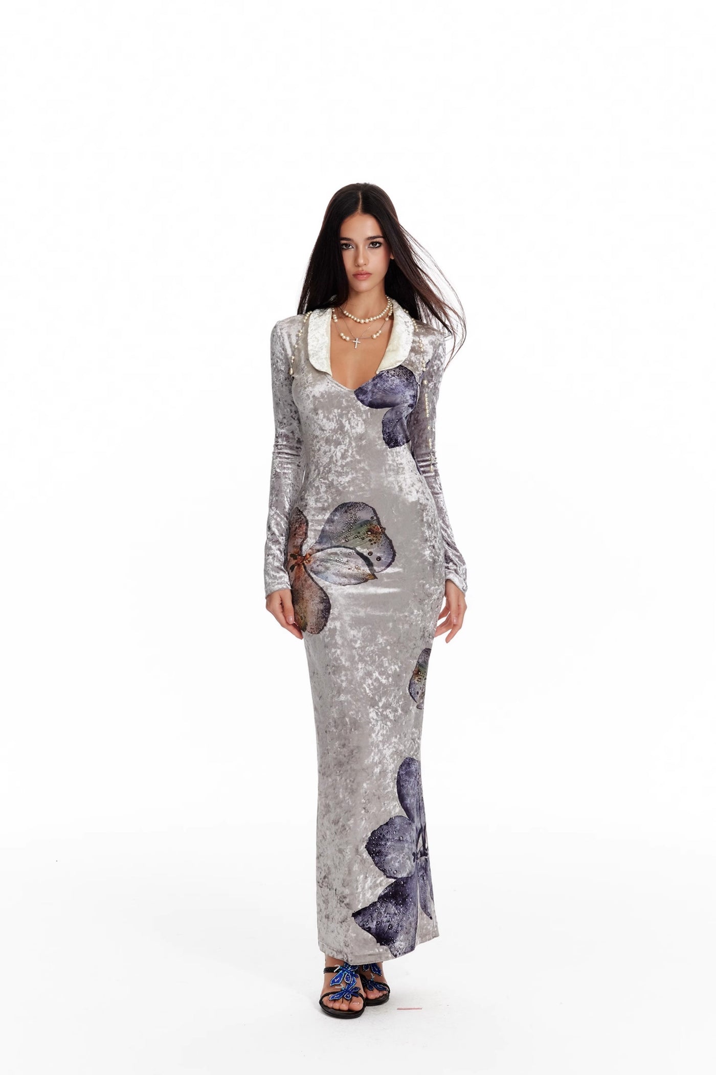 Orchid Print Velvet Fishtail Dress 4MU0085