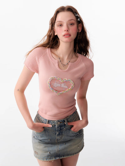 Hollow Three-dimensional Love Rabbit Print Short-sleeved Knit ZIZ0105