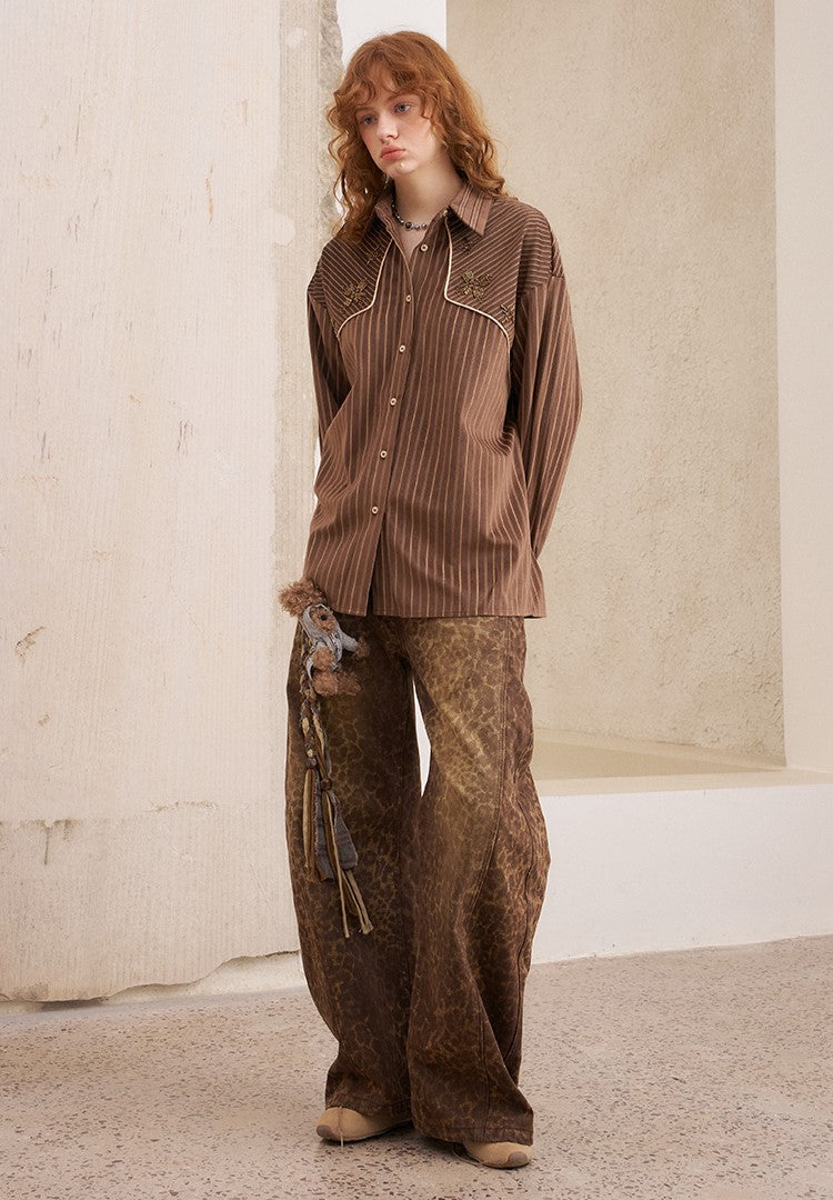 Suede Beaded Retro Striped Shirt DID0215