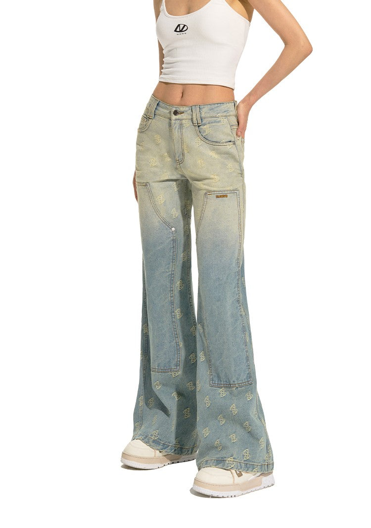 Gradient Washed Jacquard Workwear Patch Loose Wide-Leg Jeans NOT0214