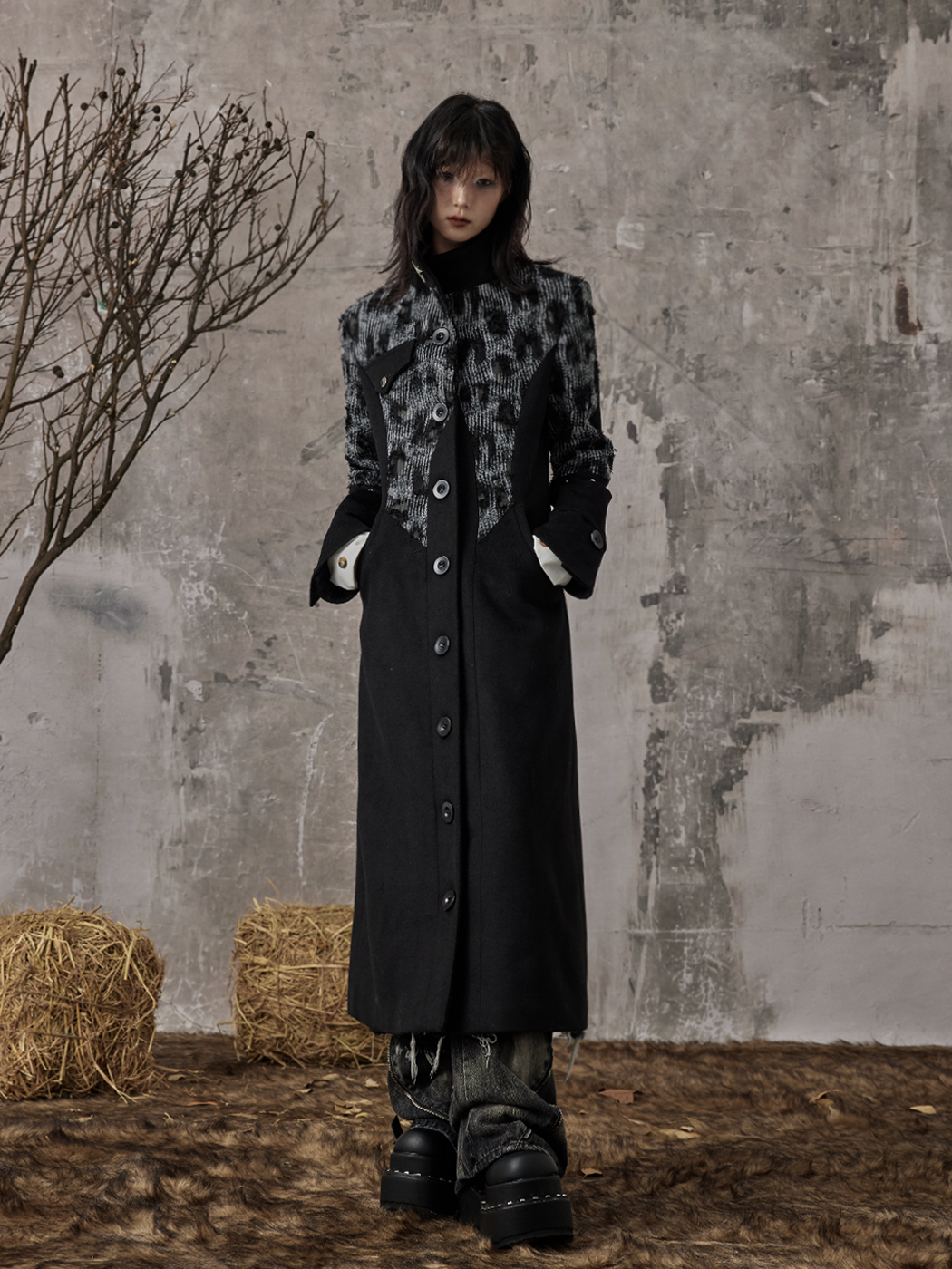 High-end Slim-fit Stand-up Collar Wool Long Coat FRU0071