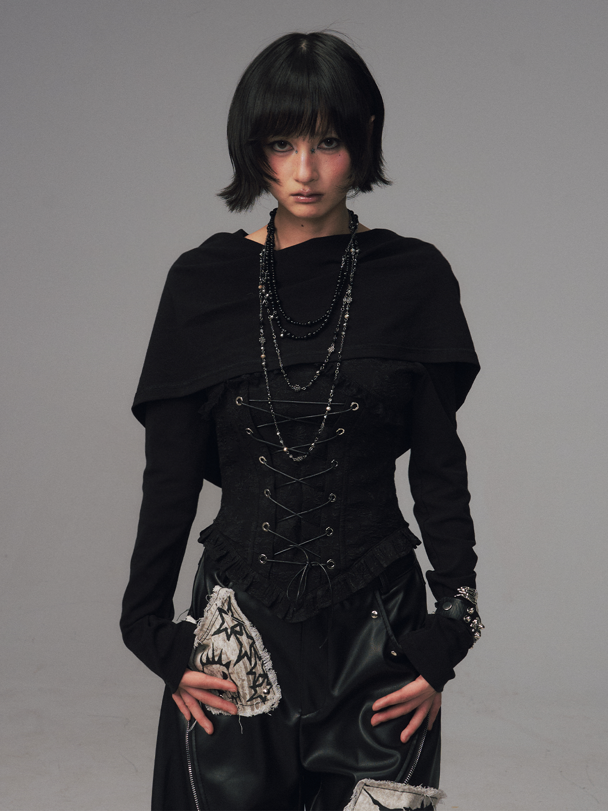 Dark Collar Hooded Patchwork Jacquard Top FRU0121