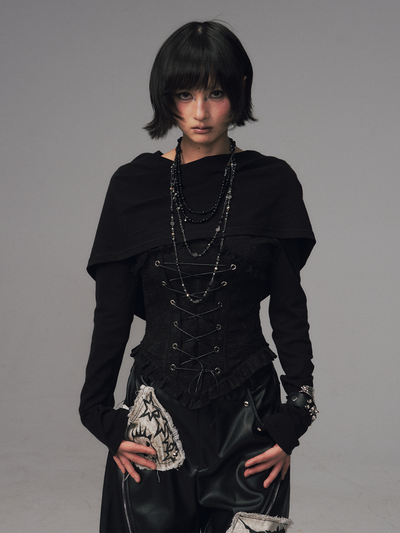 Dark Collar Hooded Patchwork Jacquard Top FRU0121