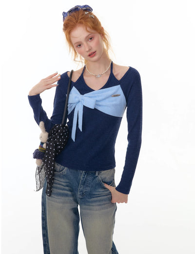 Contrast Color Stitching Bow Tie Sweater ZIZ0300