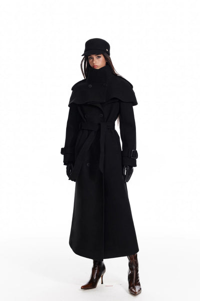 Black Detachable Cape/Woolen Long Coat 4MU0073