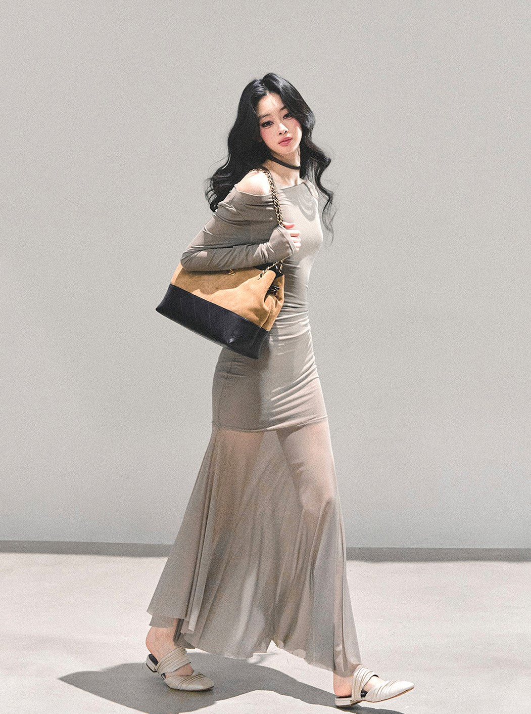 Off-shoulder Slimming Sheer Dress DIA0697