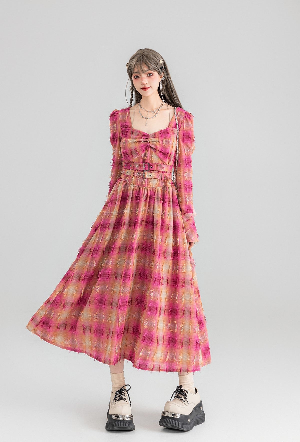 Flying Yarn-dyed Plaid Mid-length Dress KEI0066