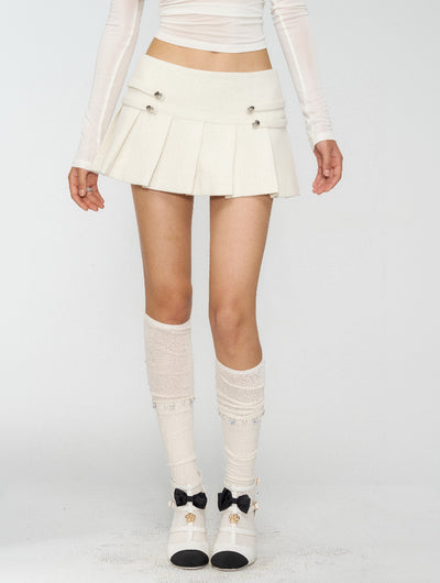 White Pleated Preppy Style Midi Skirt 4MU0167