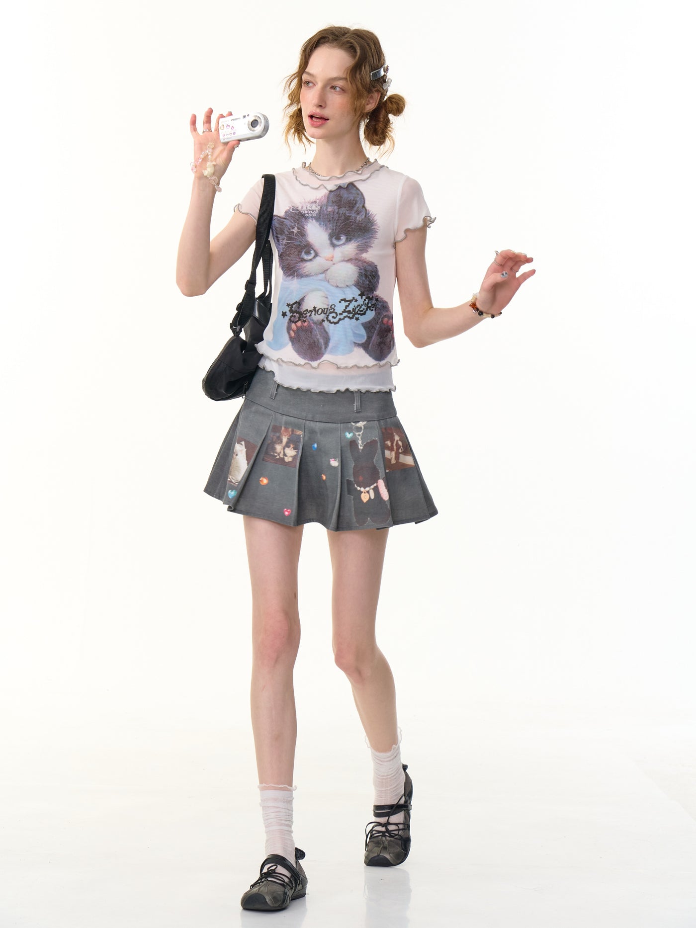Plaid Fake Two-piece Cat Print T-shirt ZIZ0278