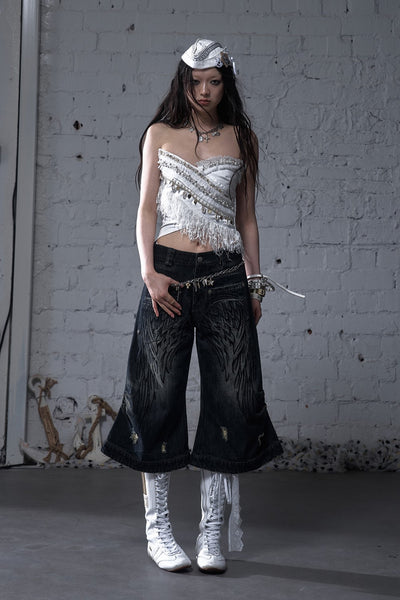 Punk Embroidered Wings Cropped Jeans NOR0177