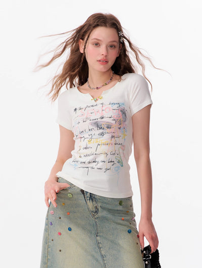 Letter Graffiti Print Slim Small V-neck Short-sleeved T-shirt ZIZ0100