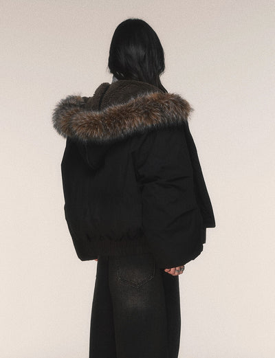 Black Hooded Large Fur Collar Down Jacket LUL0213