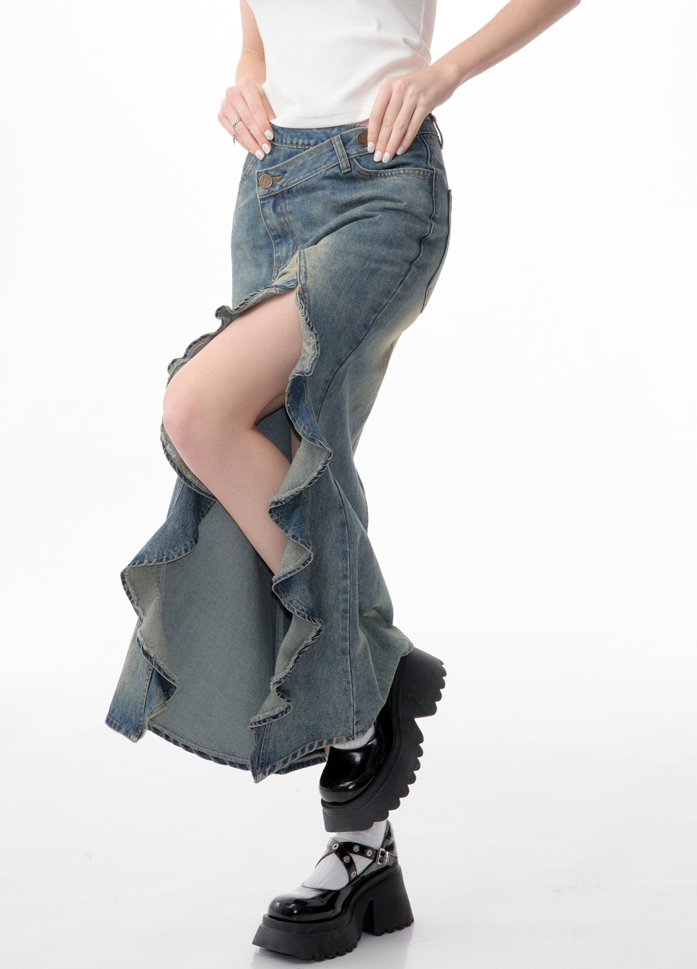 American Retro High Waist Slim Mid-length Split Denim Skirt ZIZ0082