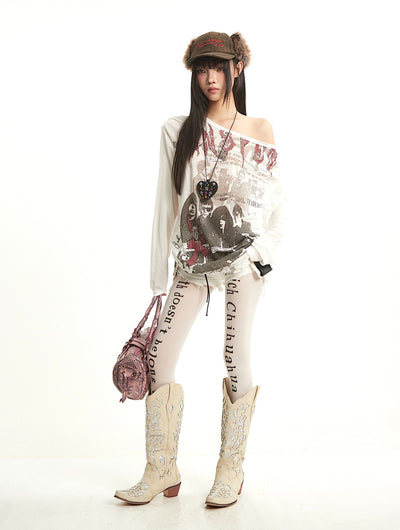 Retro Print Oblique Shoulder T-shirt UNC0289