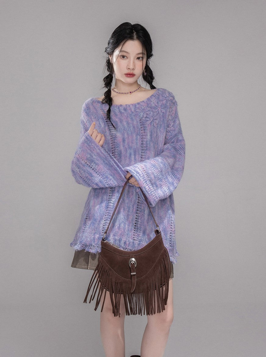 Purple Flower One Shoulder Sweater COT0363