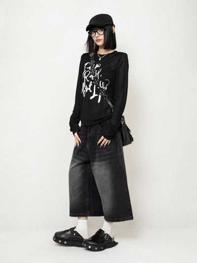 Lazy Style Letter Pullover Mesh Long Sleeves T-shirt ZER0232