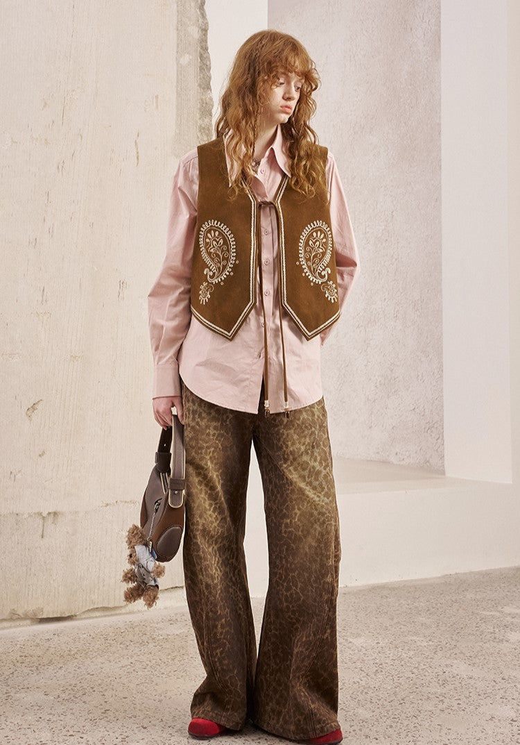 Cashew Flower Embroidery Leather Vest DID0251