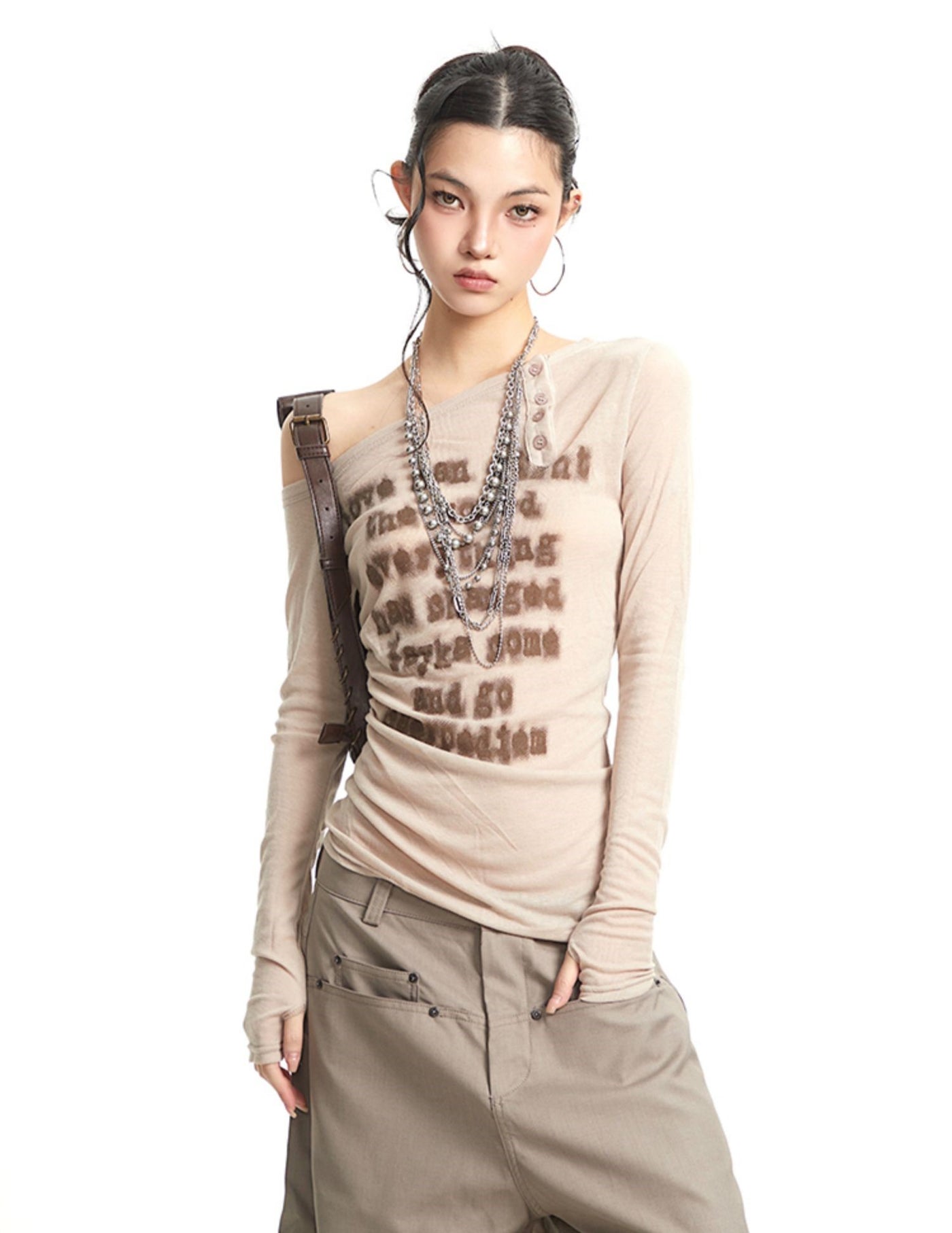One Shoulder Letter Print T-shirt UNC0263