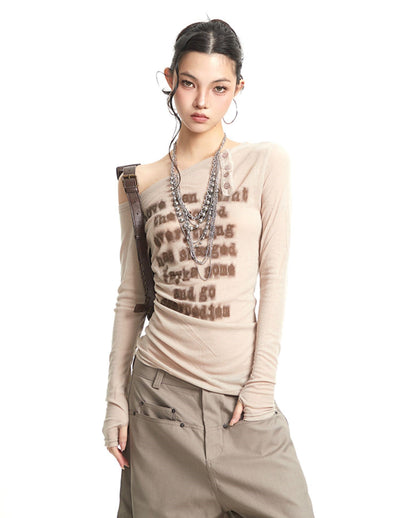 One Shoulder Letter Print T-shirt UNC0263