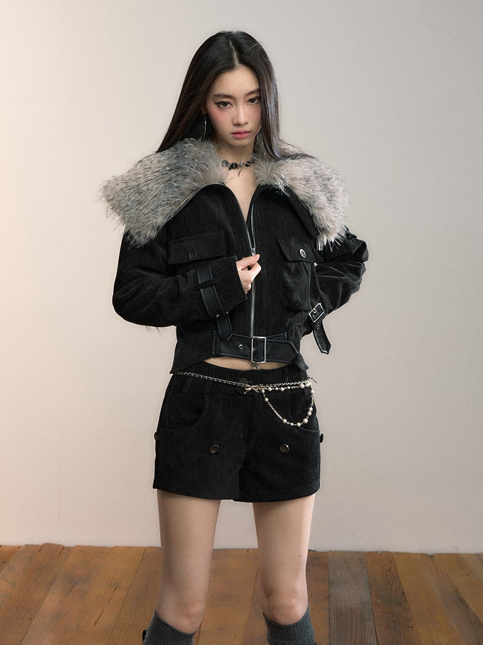 Leopard Print Large Fur Collar Jacket VIA0363