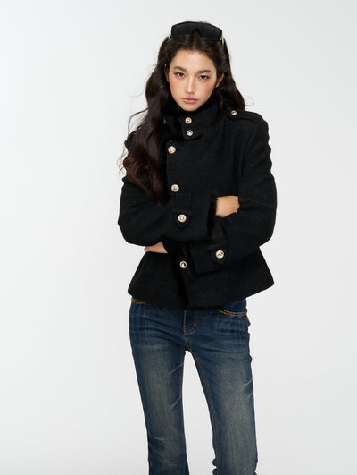 Black Furry High-Neck Short Jacket/Scarf 4MU0165