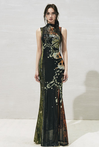 Butterfly Print Slit Dress OFA0273