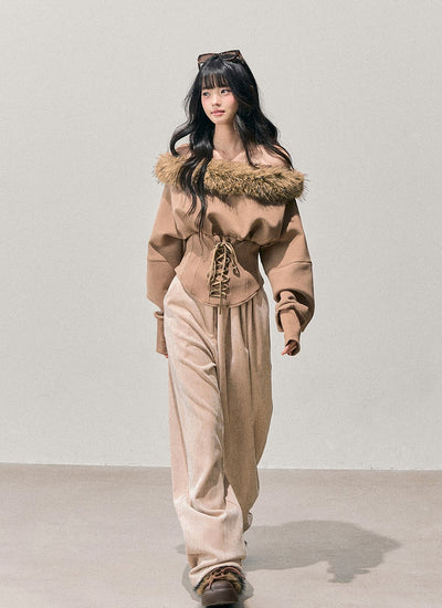 Fur Off-Shoulder Lace-up Waist T-Shirt DIA0744