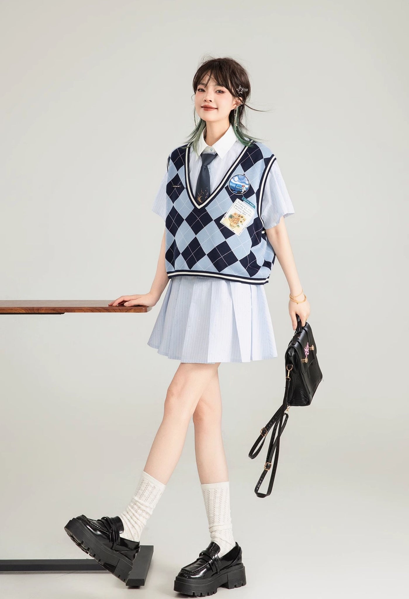 Blue Striped Short-sleeved Pleated Shirt Dress KEI0126