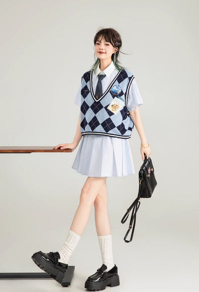 Blue Striped Short-sleeved Pleated Shirt Dress KEI0126