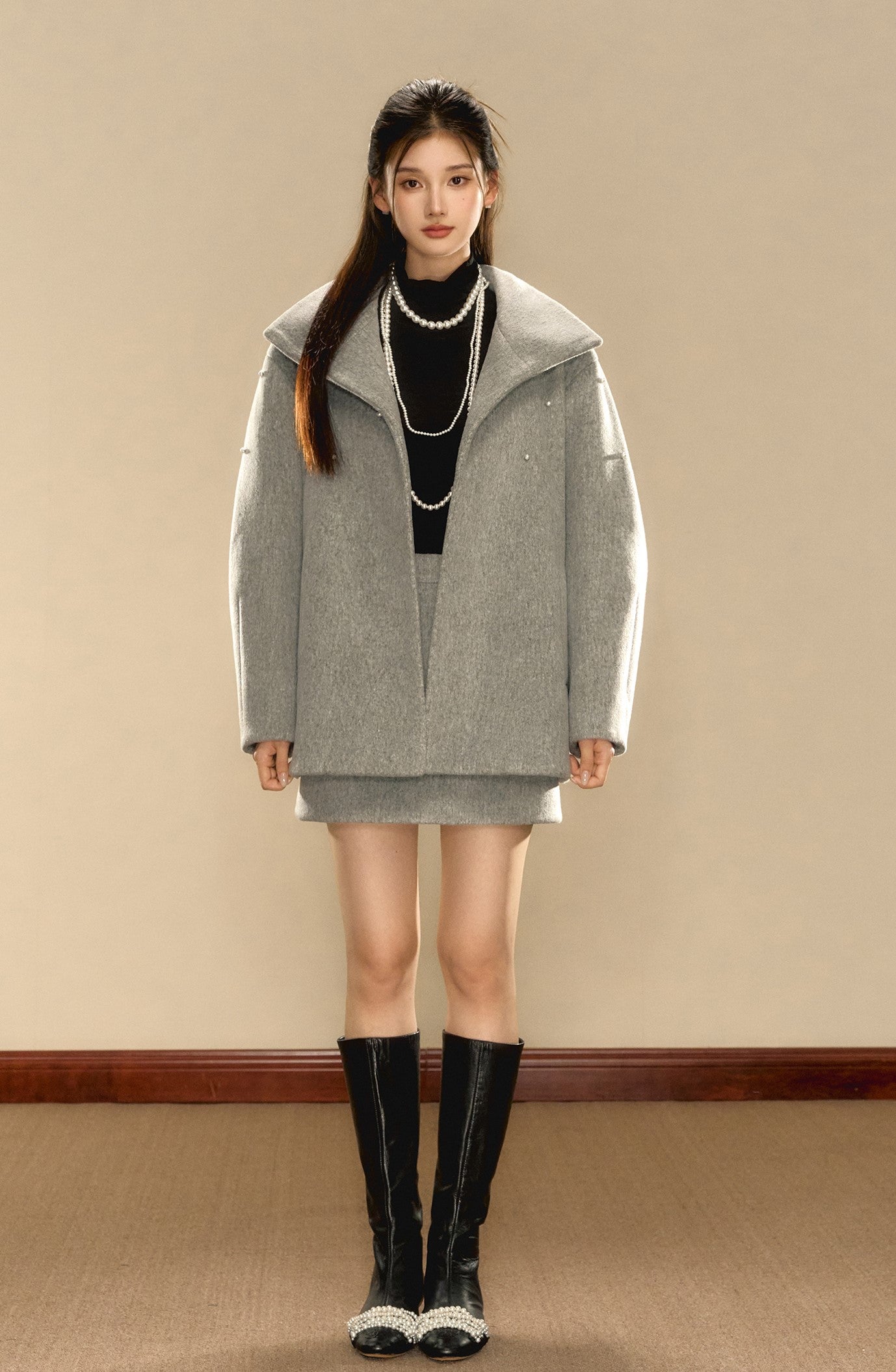 Grey High-end Beaded Loose Wool Jacket/Skirt OSH0088