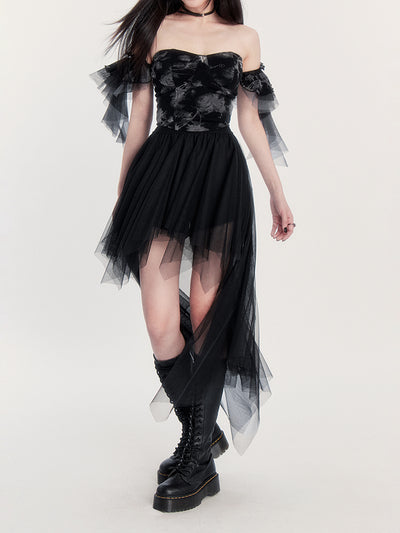 Irregular Black Mesh Long Skirt VOC0209
