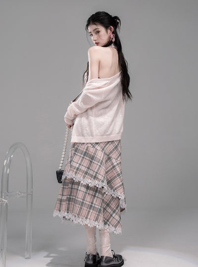 Cherry Pink Plaid Halter Neck Dress COT0341