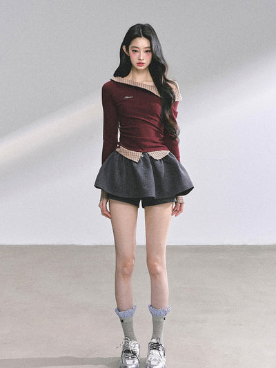 Fake Two-Piece Off-Shoulder Plaid T-Shirt DIA0575