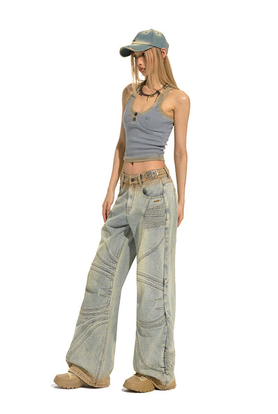 Royal Blue Loose Wide Leg Split Line Low Rise Washed Jeans NOT0218