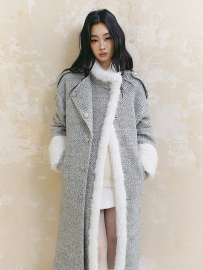 Icelandic Silver Snow Gray Fur Collar Woolen Long Coat SAL0093