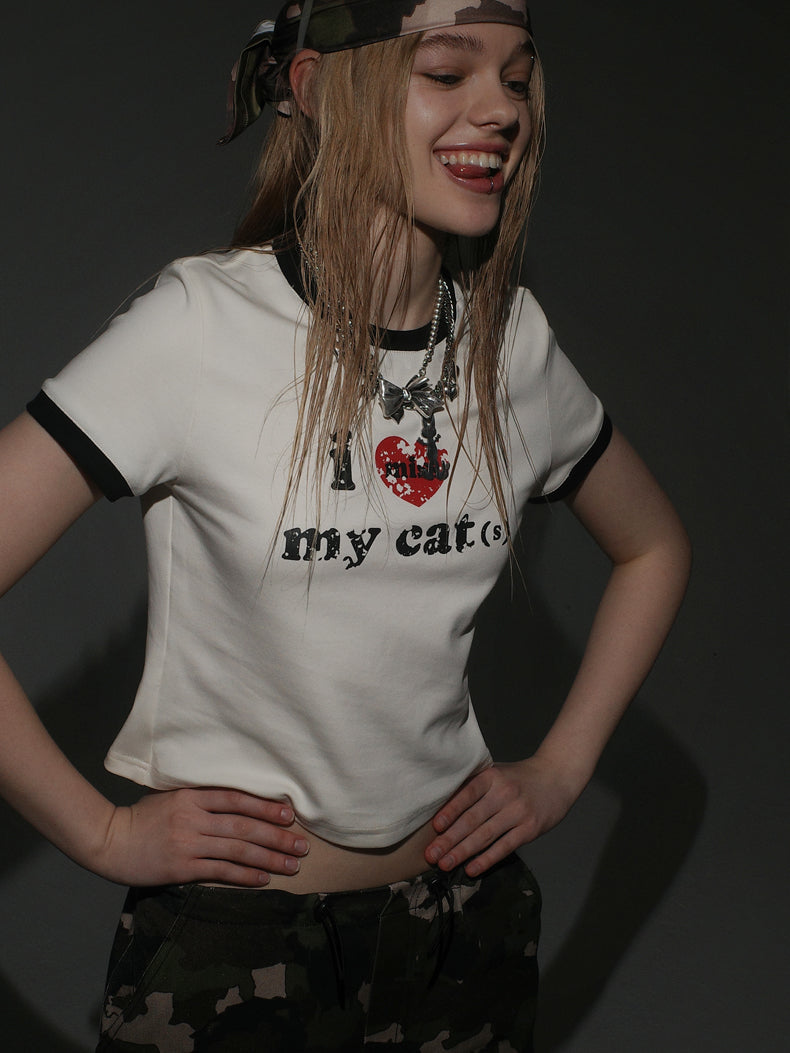 Retro Mottled Heart Print Contrast Color Cropped T-shirt LAP0039