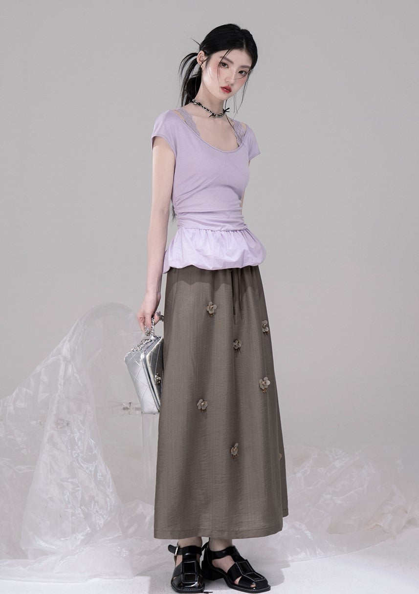 Brown Casual A-Line Drape Skirt COT0305