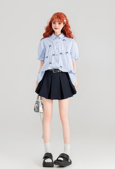 Blue Striped Puff Short-sleeved Shirt/Skirt KEI0090