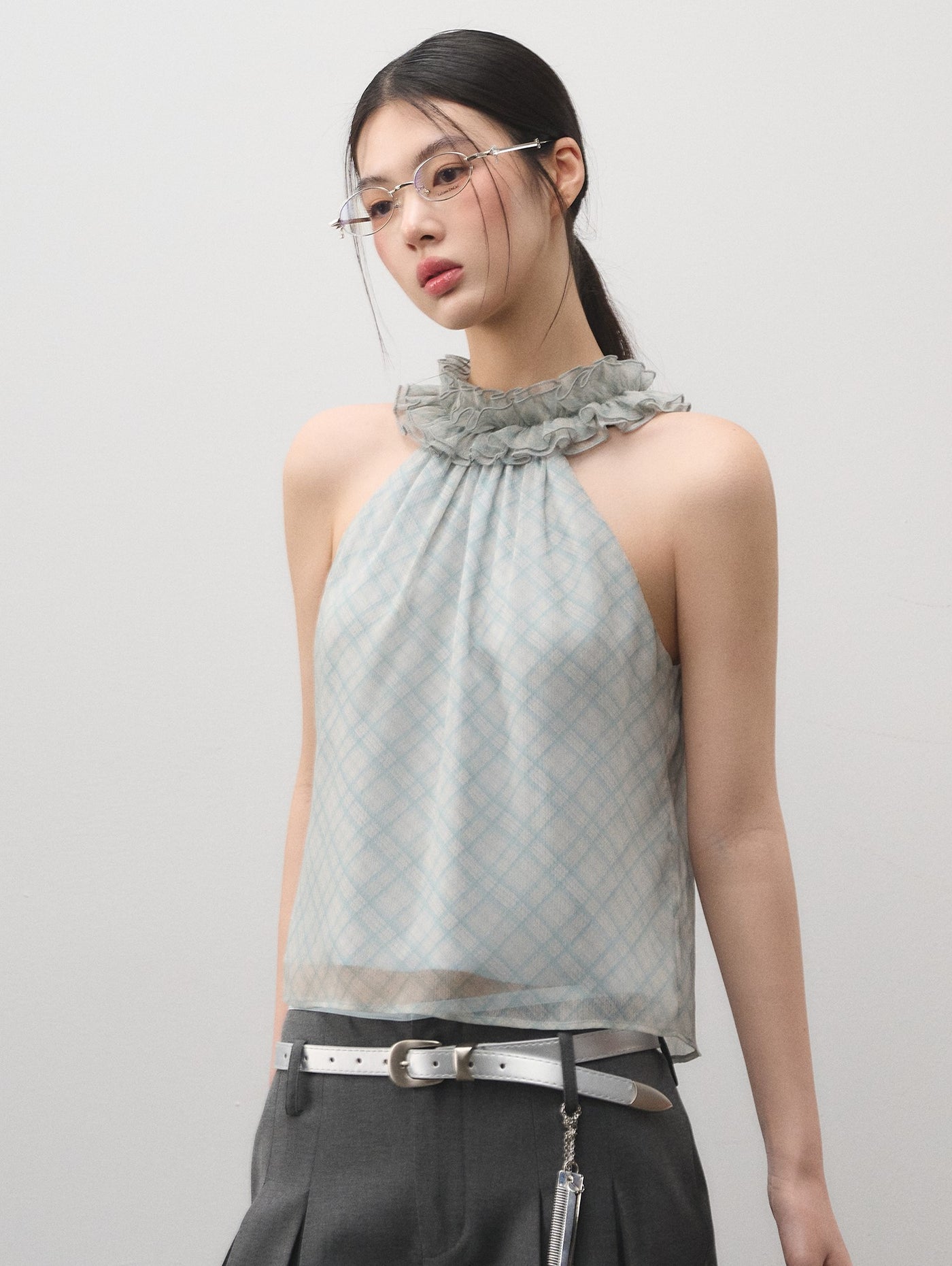 Lace Plaid Half High Neck Top LAL0175